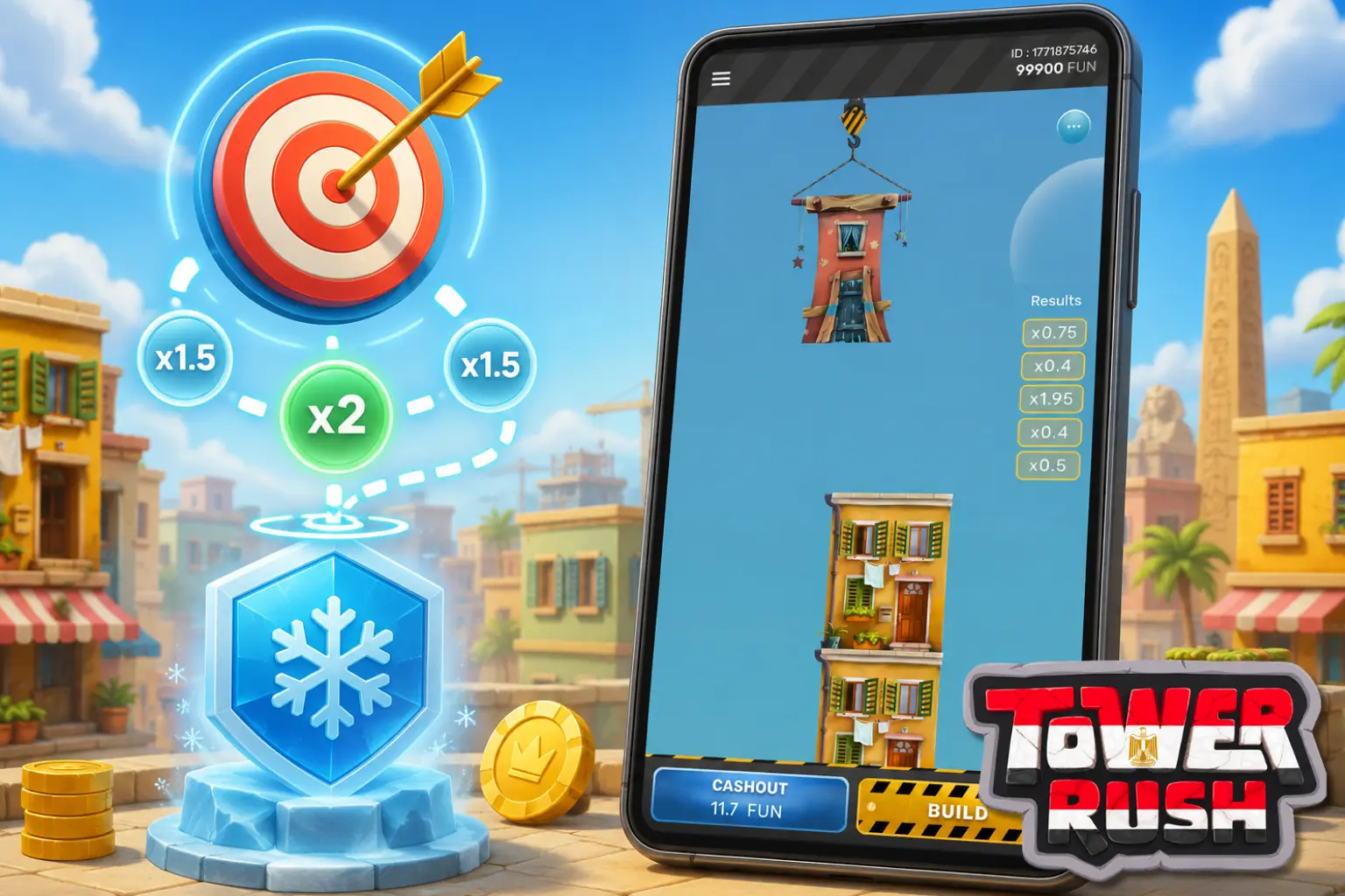 استراتيجيات Tower Rush مفيش استراتيجية Tower Rush حقيقية بتوعدك بأرباح أو بتديك طريقة تتلاعب بيها بميكانيكية اللعبة. مهمتها أبسط من كده: هي بتساعد اللاعب إنه يحدد المخاطرة من بدري، ويختار رتم مريح، وماياخدش قرارات مبنية على العواطف. في مصر، ده مهم جداً للناس اللي بتشحن حسابها بالجنيه المصري (EGP) وعايزة تجرب اللعبة لفترة أطول من غير ما تضيع رصيدها بسرعة. قبل الرهانات الحقيقية، الأحسن إنك تجرب كذا طريقة في الديمو وتفهم إيه هو الـ cash out اللي بتحس إنه أريح ليك. أكتر اختيار فيه حذر هو إنك تسحب المضاعفات الصغيرة بعد دور أو دورين. النموذج ده بيدي مشاعر حادة أقل، بس بيساعد في تقليل خطر سلسلة خساير طويلة. بالنسبة للمبتدئ، ده أعقل من المحاولات المستمرة للوصول لـ x٢٠ أو أعلى. النموذج التاني مرتبط بأدوار البونص. لو الـ Frozen Floor حمى جزء من النتيجة خلاص، تقدر تقيم الـ Build اللي جاي بهدوء أكتر. الـ Temple Floor أو الـ Triple Build هما كمان ممكن يقووا الجولة، بس هما بيظهروا بشكل عشوائي ومش المفروض يكونوا سبب لزيادة الرهان فجأة. الطريقة التالتة هي إنك تحدد cash-out target من بدري. مثلاً، اللاعب بيقرر يسحب النتيجة عند حوالي x١٫٥ أو x٢ ومش بيغير الخطة في وقت الجولة. ده مش بيغير حسابات اللعبة، بس بيشيل القرارات المتهورة. التحكم ده مفيد بالذات على الموبايل، عشان الجولات بتعدي بسرعة وسهل تدوس Build من