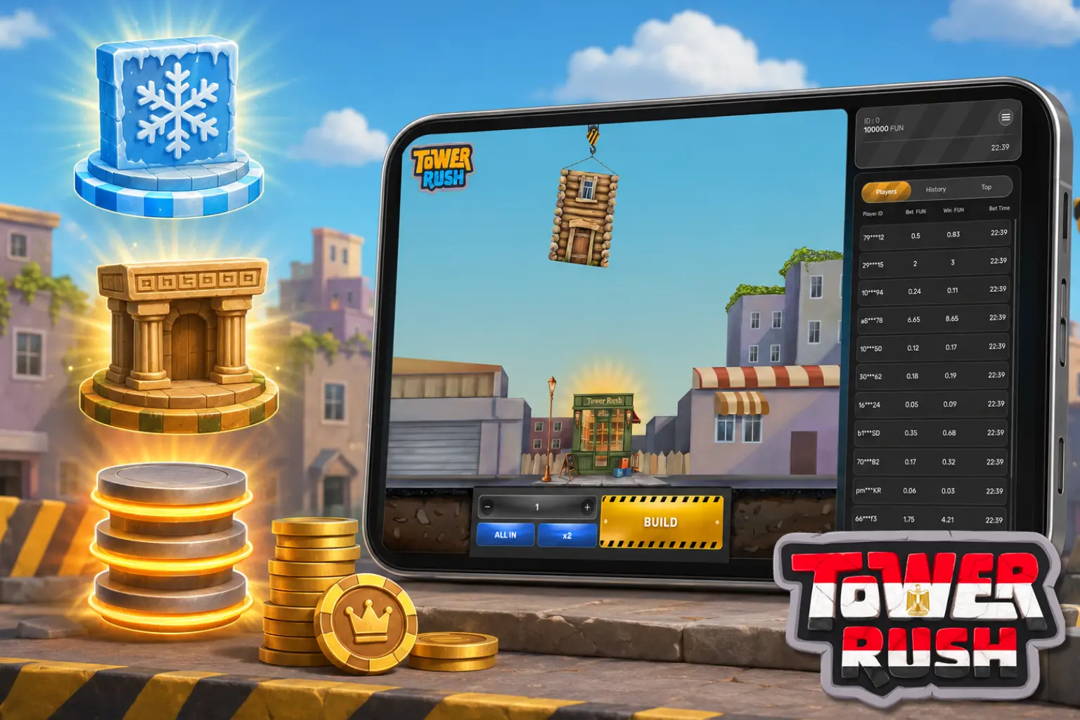 رسم يوضح ميزات Tower Rush والطوابق الإضافية أثناء بناء البرج.